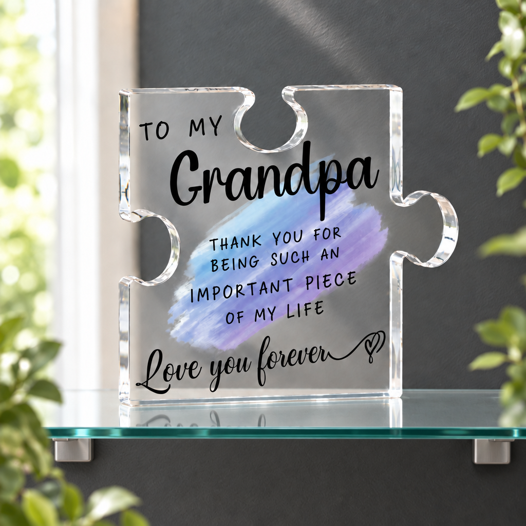 Acrylic Grandpa puzzle-piece gift plaque on a glass floating shelf in a sunroom; shelf and greenery not included