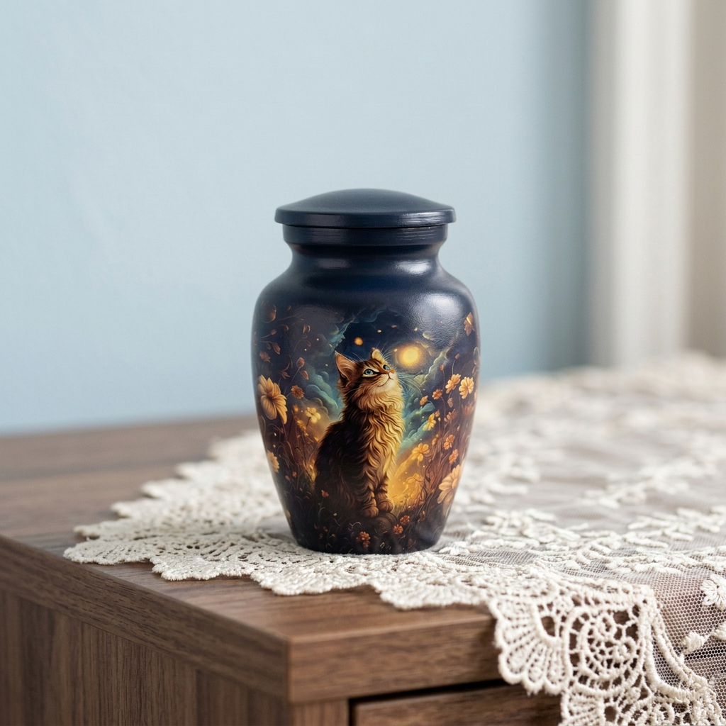 Looking into the Stars small Keepsake urn on an ivory lace runner against a light blue wall