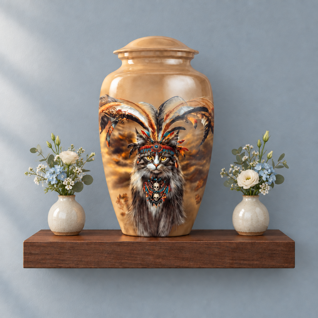 Hand-painted memorial urn on a floating walnut shelf with two flower vases; vases and flowers not included