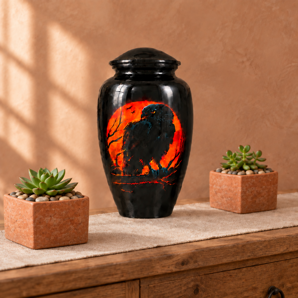 Wise Black Raven memorial urn on rustic oak beside two square terracotta planters with pebbles and small succulents against a clay-coloured wall.