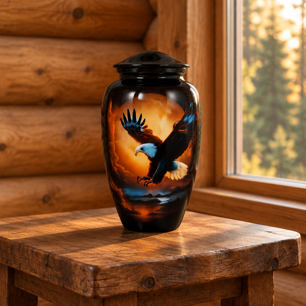Eagle artwork aluminium cremation urn on a rustic wooden table beside a log-cabin window; table and cabin are display props
