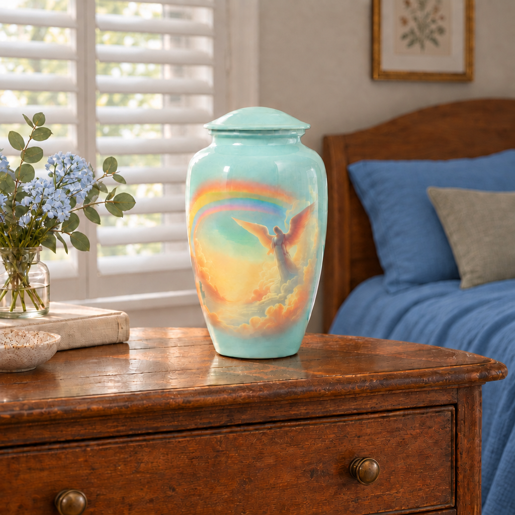 Ceramic angel and rainbow urn on an older wooden dresser beside light-blue flowers, with grey blinds and blue bedding; props not included