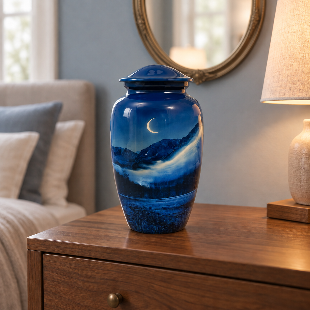 Blue Moonnight memorial urn on a walnut bedroom dresser beside a warm lamp, with a decorative oval mirror on a blue-grey wall.