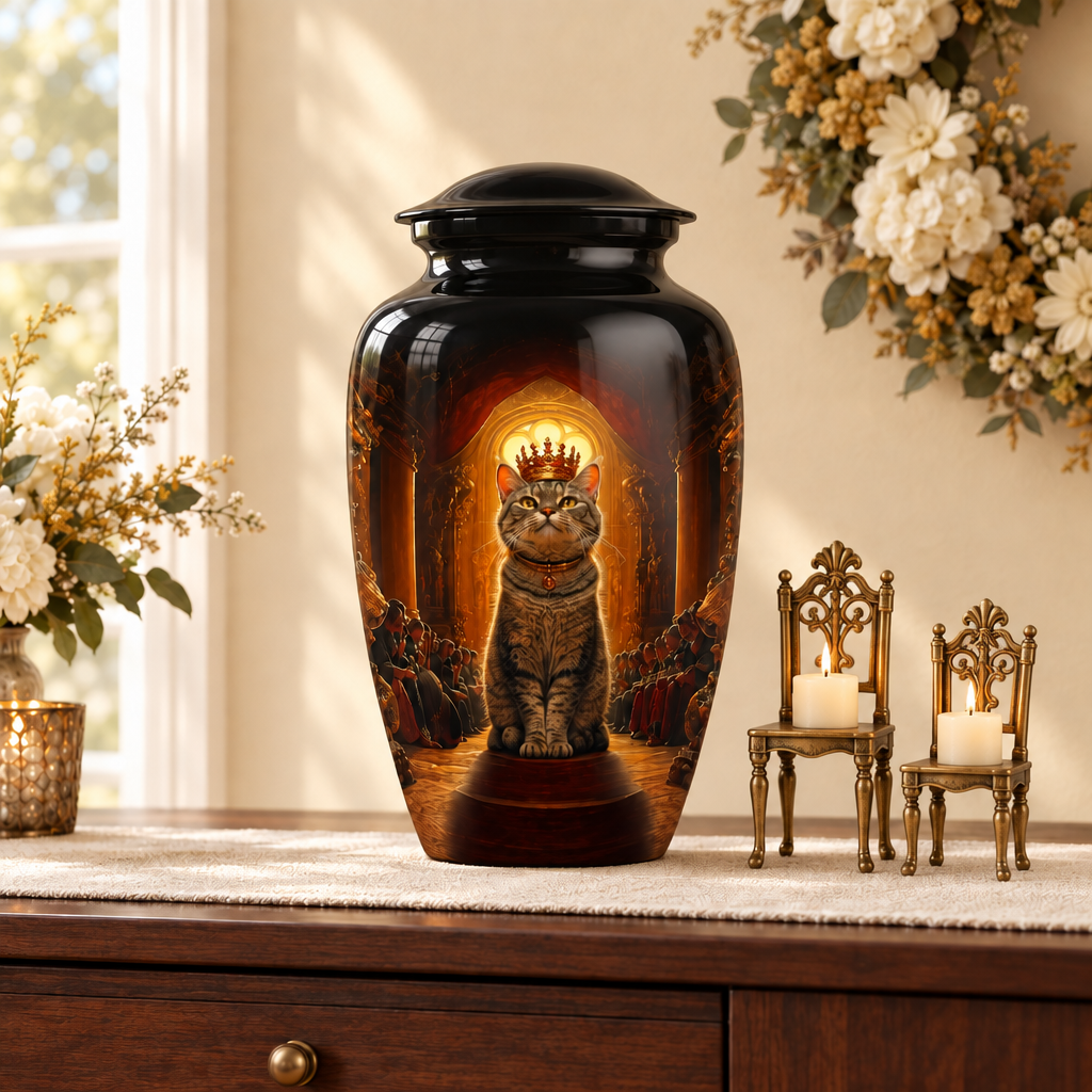 Forever Royal crowned-cat memorial urn on a walnut console beside two chair-shaped brass candle holders