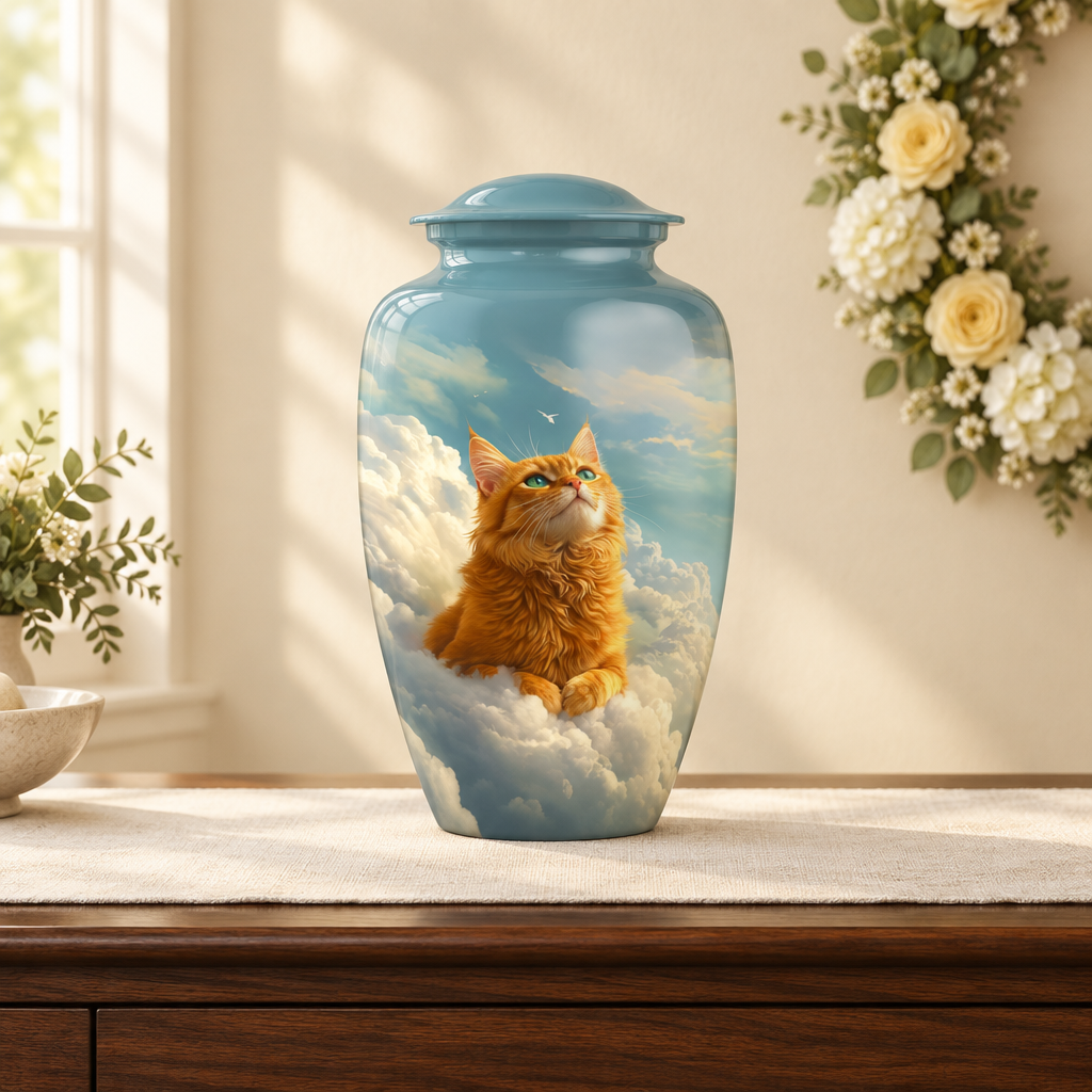 Peace in Heaven cat-themed urn on dark walnut wood with an ivory runner and yellow-and-white floral wreath