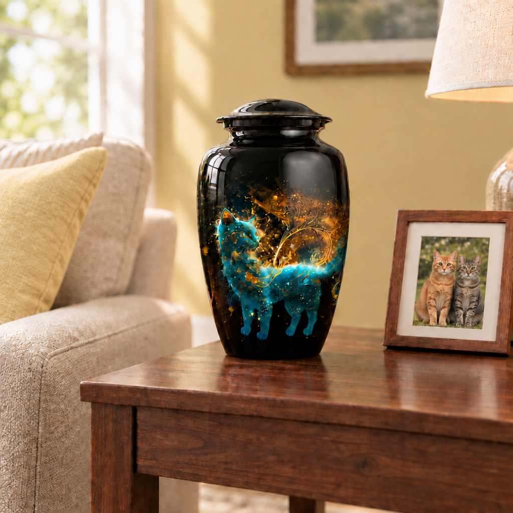 Black cat-themed memorial urn on a living-room end table beside a framed photo of two cats, with a soft yellow wall and matching pillow.
