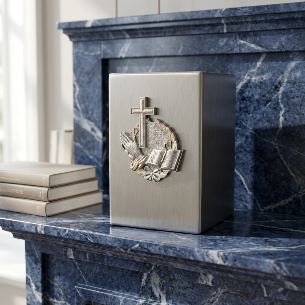 Faith and Prayer Brass Memorial Urn on a blue marble fireplace mantel beside a small stack of books