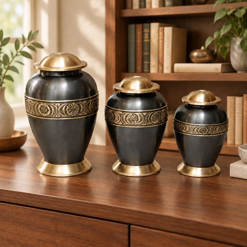 Three Midnight Elegance brass memorial urns displayed with a bookshelf background.