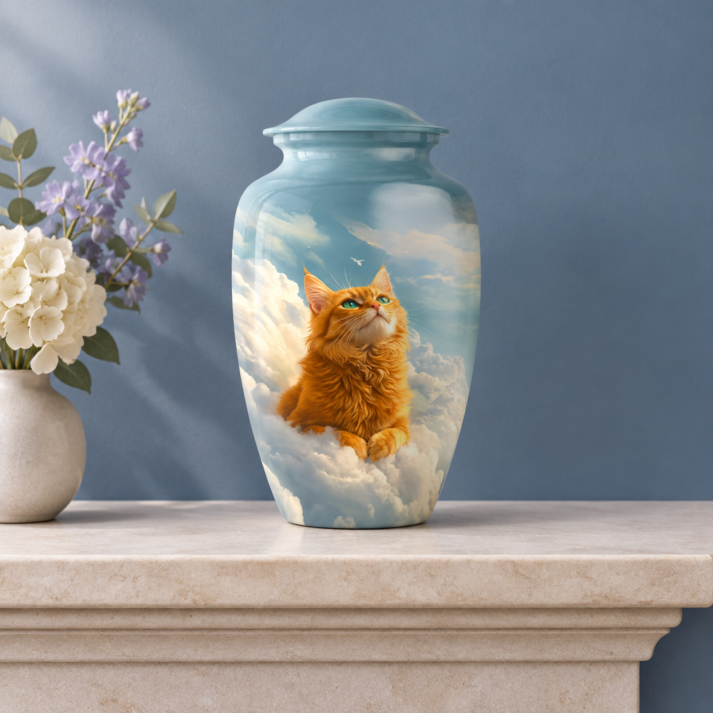 Cat-themed human memorial urn on a stone mantel with flowers against a slate-blue wall; flowers not included