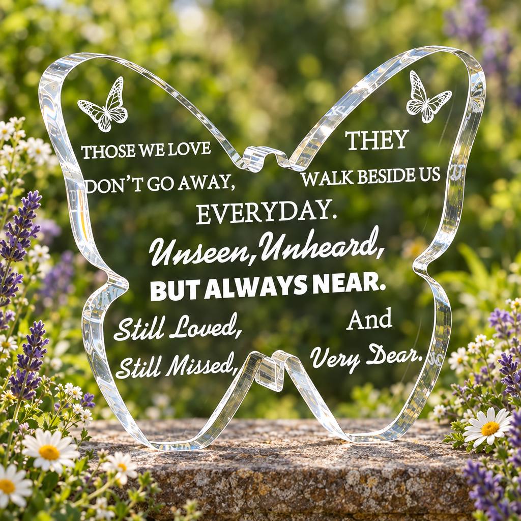 Butterfly-shaped acrylic memorial keepsake displayed on a garden stone ledge among wildflowers; flowers and ledge not included