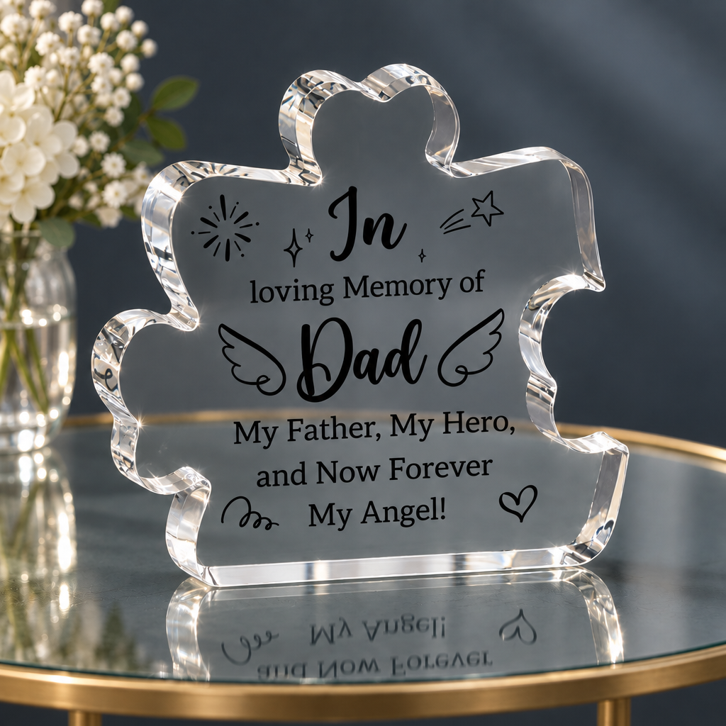 Acrylic puzzle-shaped Dad memorial keepsake on a glass table against a dark blue-grey background; table and flowers not included