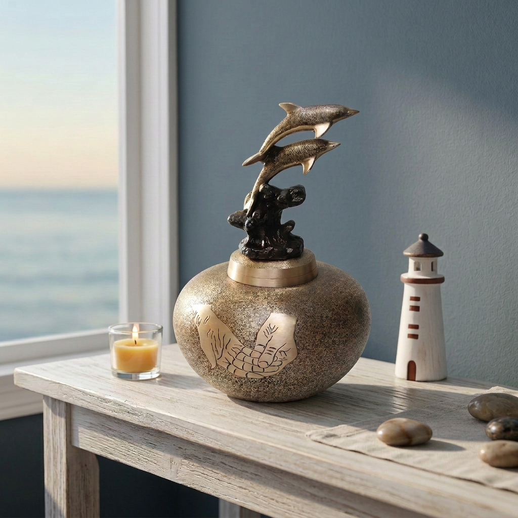 Dolphin Serenity brass memorial urn on a whitewashed console with a lit candle and a small white lighthouse against a deeper blue-grey wall