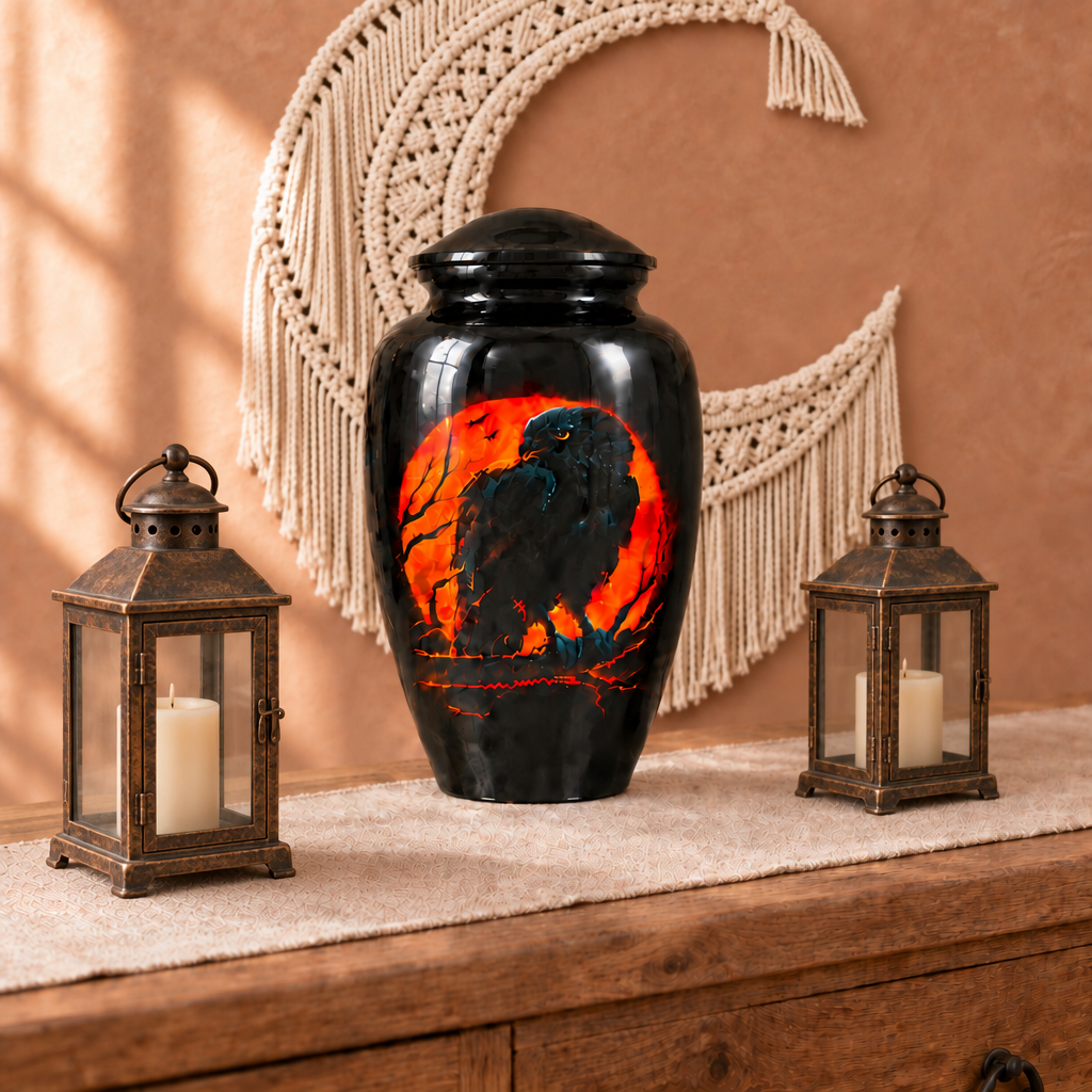 Wise Black Raven urn on a wooden console with antique-style lanterns and a large crescent-moon macramé wall hanging.