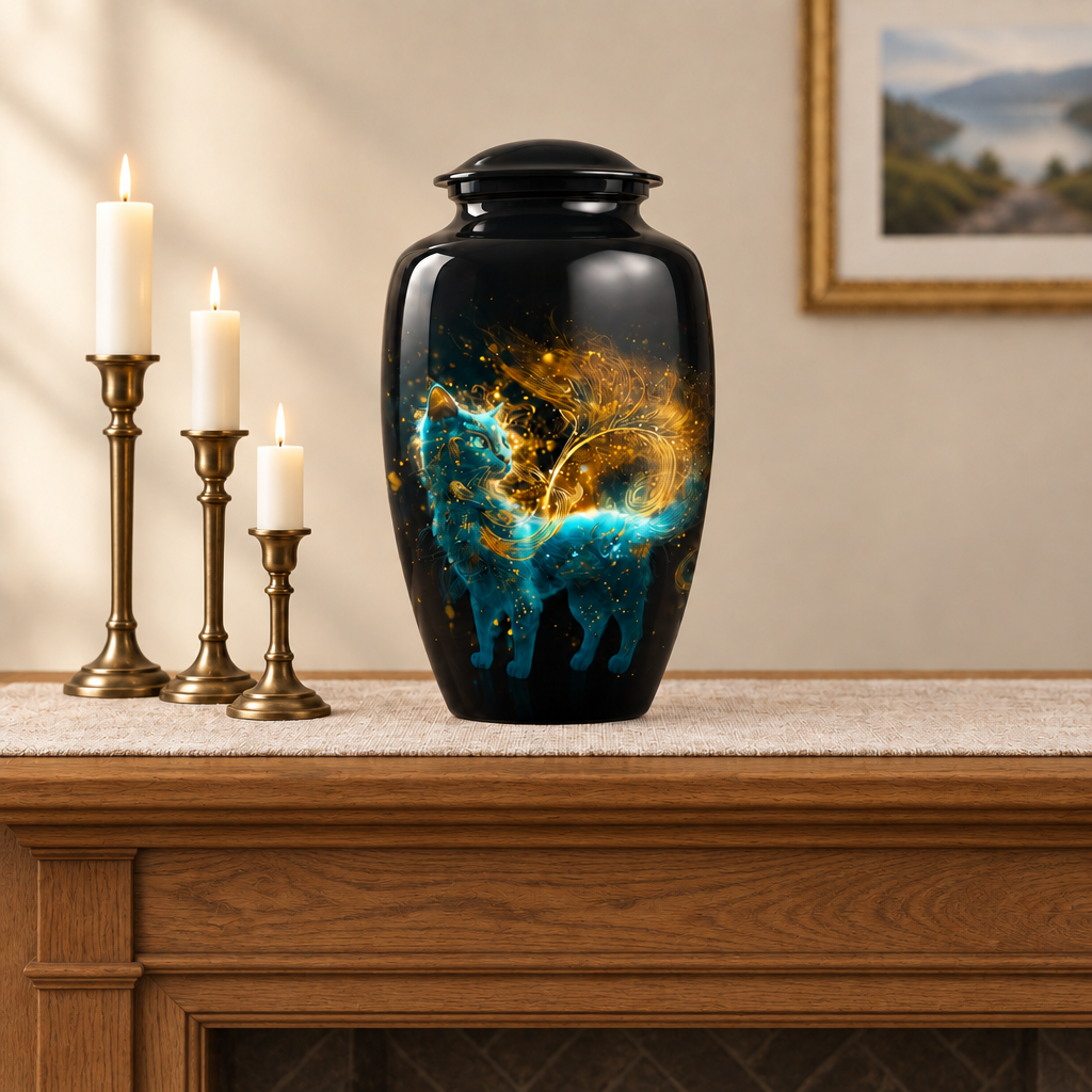 Hand-painted memorial urn on a wood fireplace mantel with linen runner and brass candlesticks; props not included