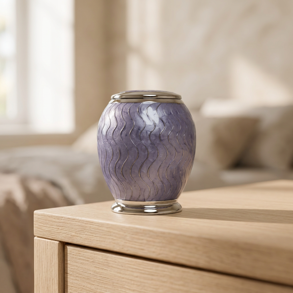 Violet Serenity keepsake urn close-up on a pale oak bedside table with a softly blurred ivory bedroom background