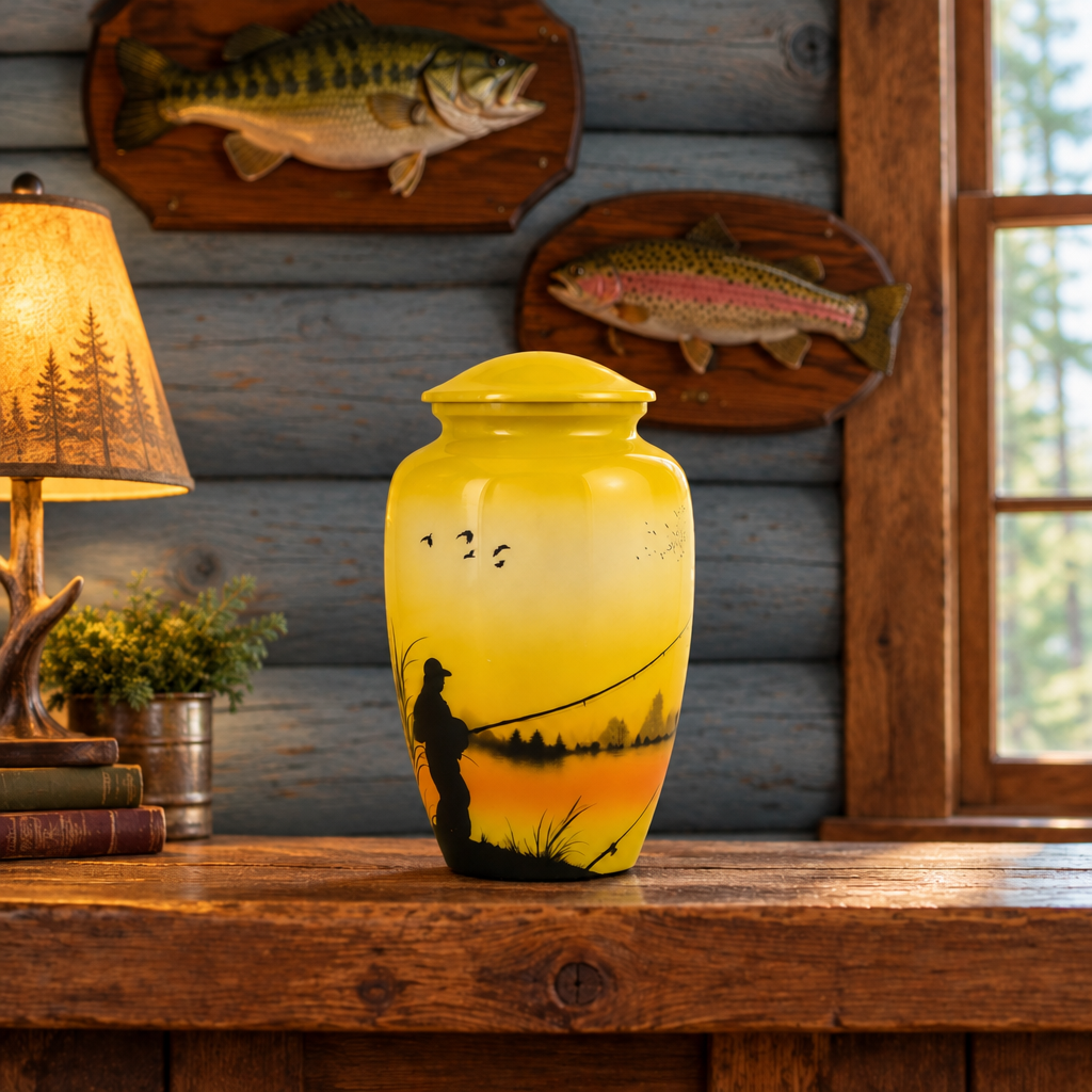 Sunrise Fishing Reflection aluminium urn in a rustic cabin with blue logs and mounted fish plaques