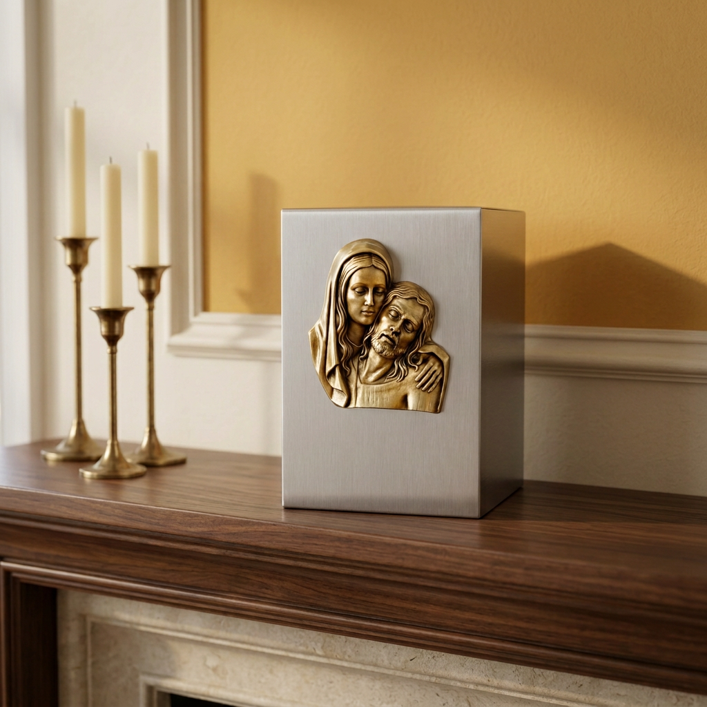 Sacred Embrace brass memorial urn on a dark walnut mantel with brass candlesticks and a golden-yellow wall panel framed by cream moulding