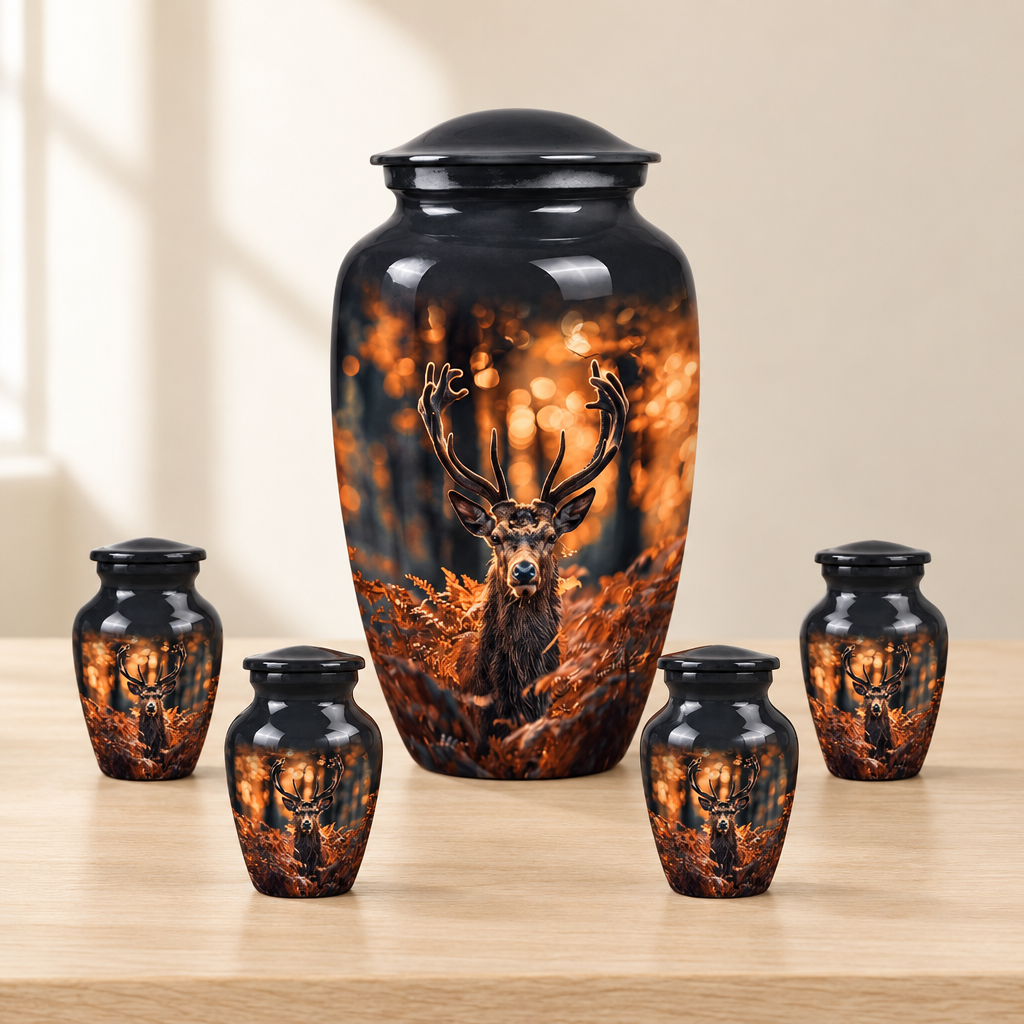 One large deer memorial urn with four matching keepsake urns on a pale oak surface